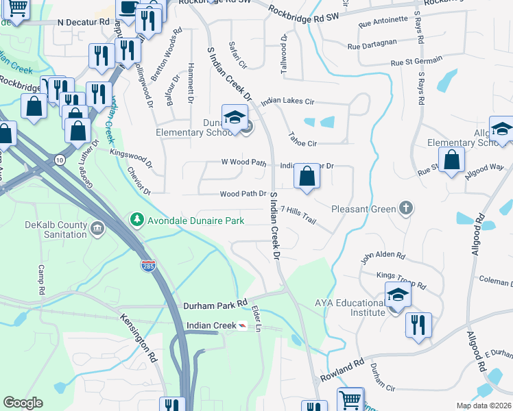 map of restaurants, bars, coffee shops, grocery stores, and more near 3958 Springleaf Point in Stone Mountain