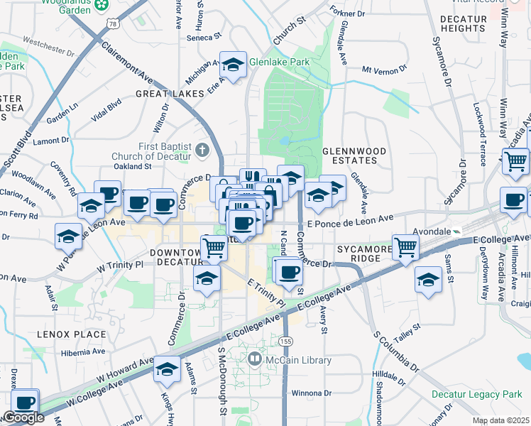 map of restaurants, bars, coffee shops, grocery stores, and more near 216 East Ponce de Leon Avenue in Decatur