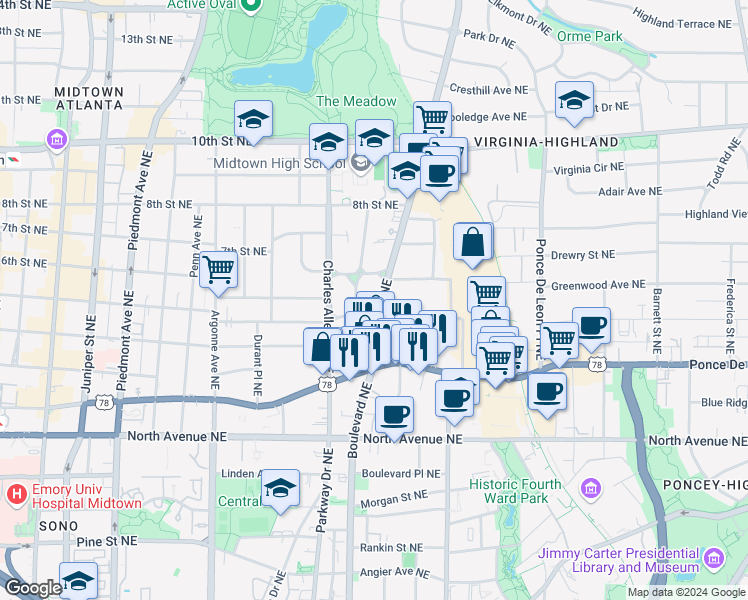 map of restaurants, bars, coffee shops, grocery stores, and more near 771 Monroe Drive Northeast in Atlanta