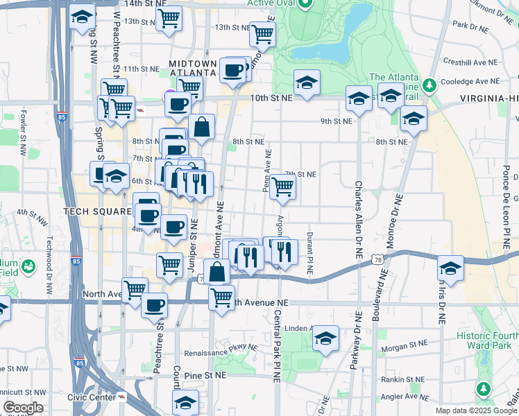 map of restaurants, bars, coffee shops, grocery stores, and more near in Atlanta