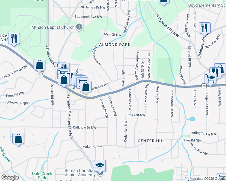 map of restaurants, bars, coffee shops, grocery stores, and more near 2499 Donald Lee Hollowell Parkway Northwest in Atlanta