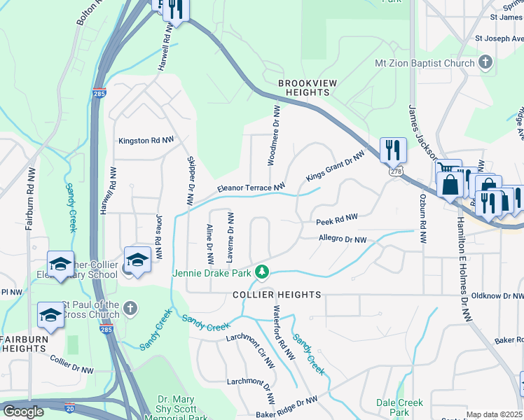 map of restaurants, bars, coffee shops, grocery stores, and more near 761 Caron Circle Northwest in Atlanta