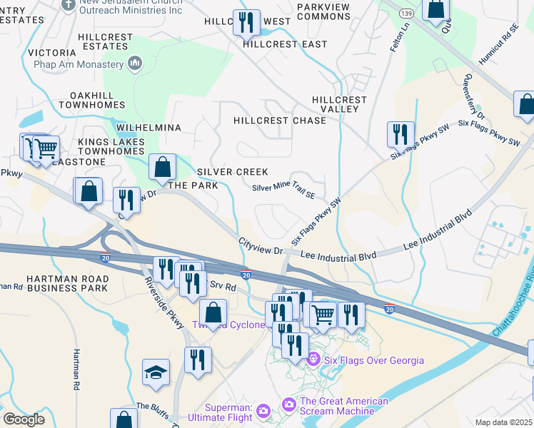map of restaurants, bars, coffee shops, grocery stores, and more near 7454 Silver Arrow Trail Southeast in Austell