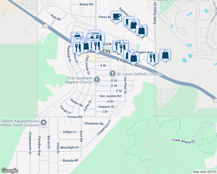 map of restaurants, bars, coffee shops, grocery stores, and more near 68613 E Street in Cathedral City