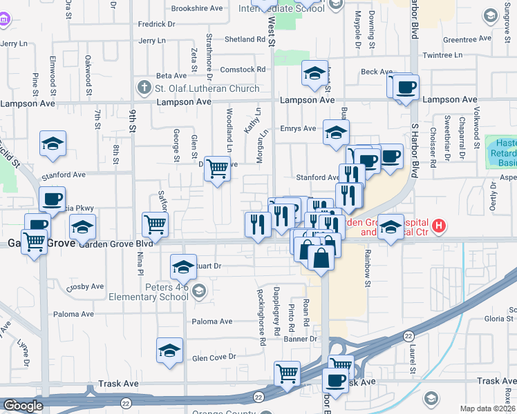 map of restaurants, bars, coffee shops, grocery stores, and more near 12861 West Street in Garden Grove