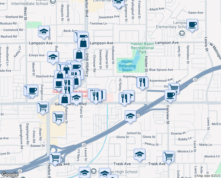 map of restaurants, bars, coffee shops, grocery stores, and more near in Garden Grove