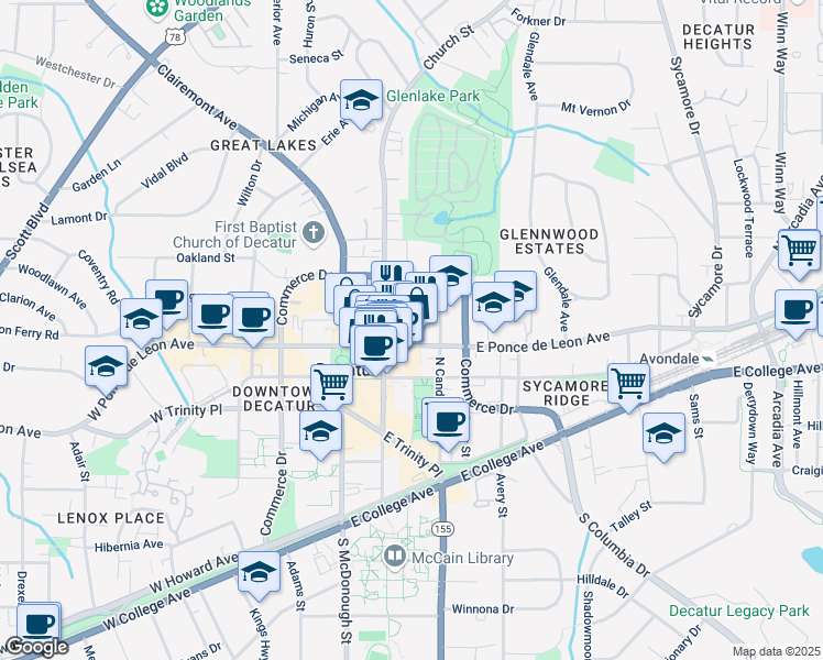 map of restaurants, bars, coffee shops, grocery stores, and more near 216 East Ponce de Leon Avenue in Decatur