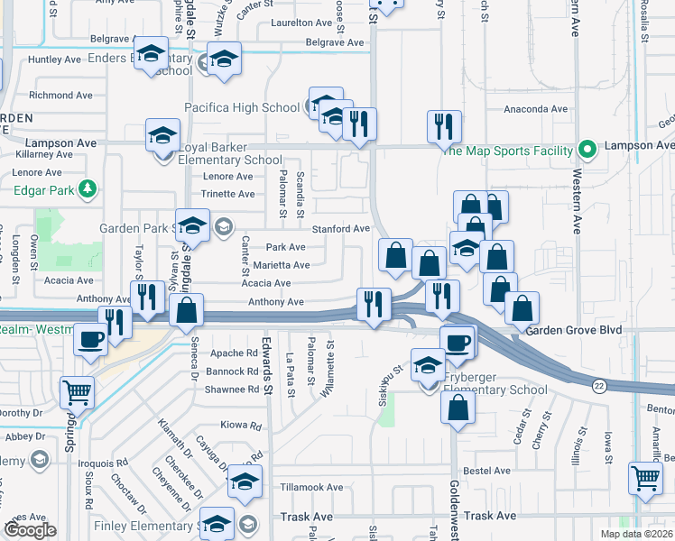map of restaurants, bars, coffee shops, grocery stores, and more near 12821 Wild Goose Street in Garden Grove