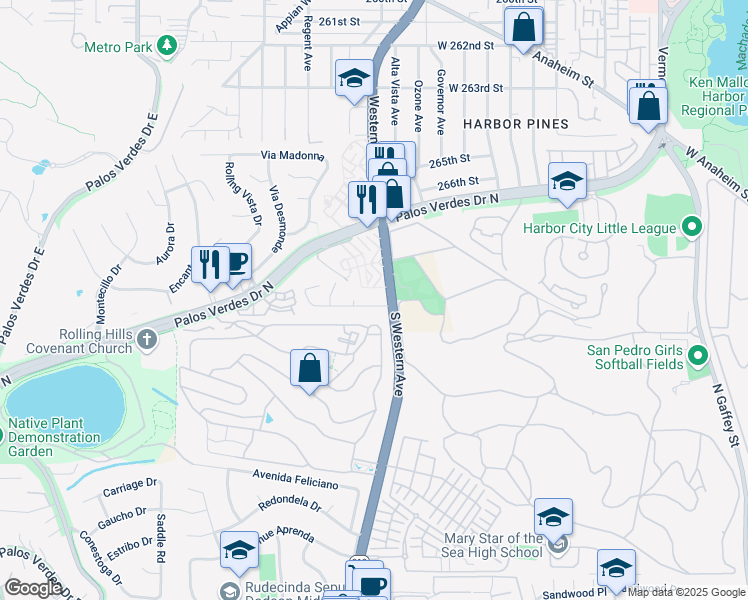 map of restaurants, bars, coffee shops, grocery stores, and more near 1808 Peninsula Verde Drive in Rancho Palos Verdes