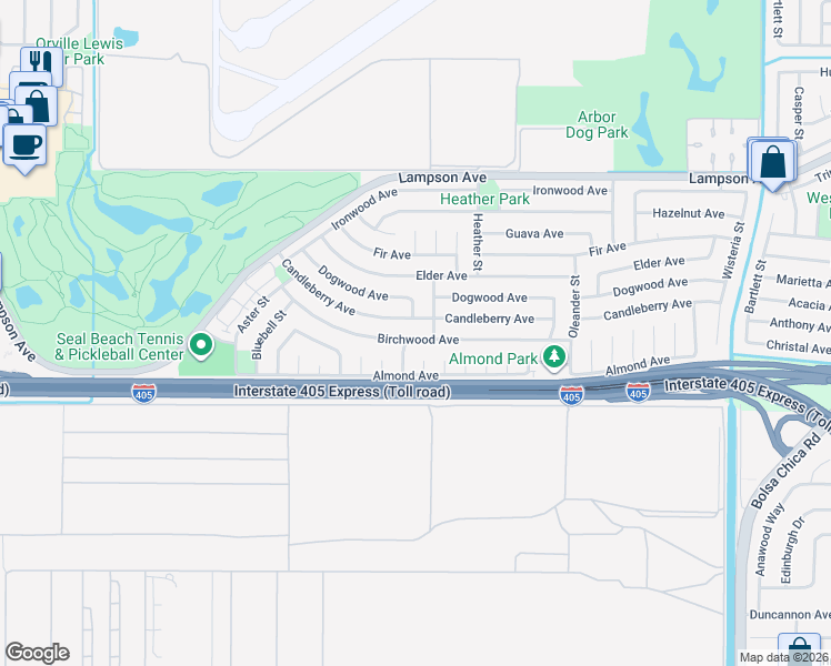 map of restaurants, bars, coffee shops, grocery stores, and more near 4365 Birchwood Avenue in Seal Beach
