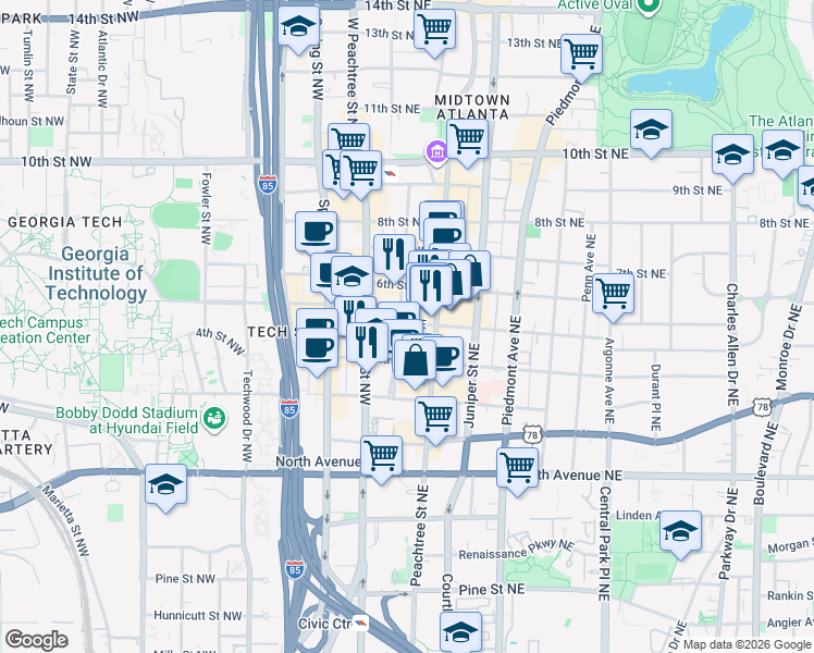 map of restaurants, bars, coffee shops, grocery stores, and more near 782 Peachtree Street Northeast in Atlanta