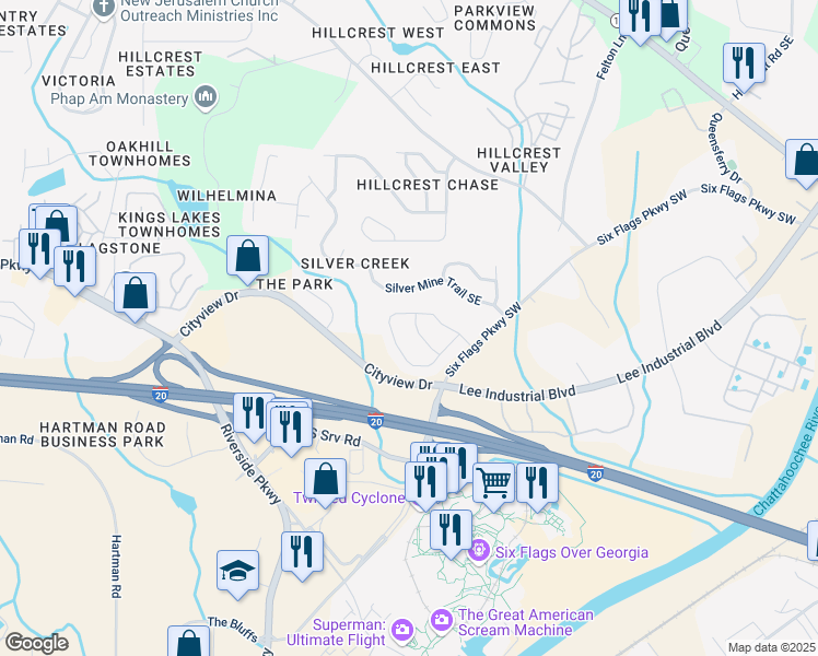map of restaurants, bars, coffee shops, grocery stores, and more near 206 Silver Arrow Circle in Austell
