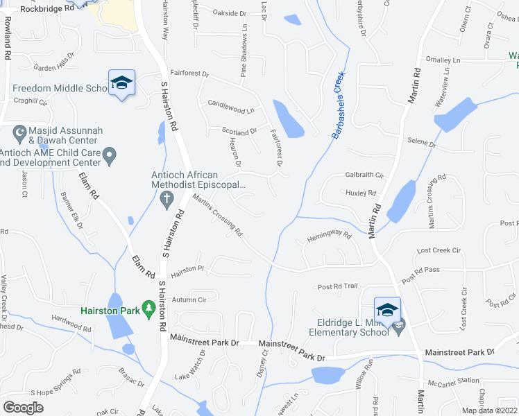 map of restaurants, bars, coffee shops, grocery stores, and more near 734 Tarkington Road South in Stone Mountain