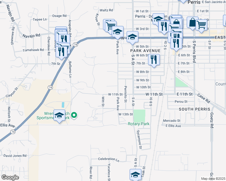 map of restaurants, bars, coffee shops, grocery stores, and more near 1050 Park Avenue in Perris