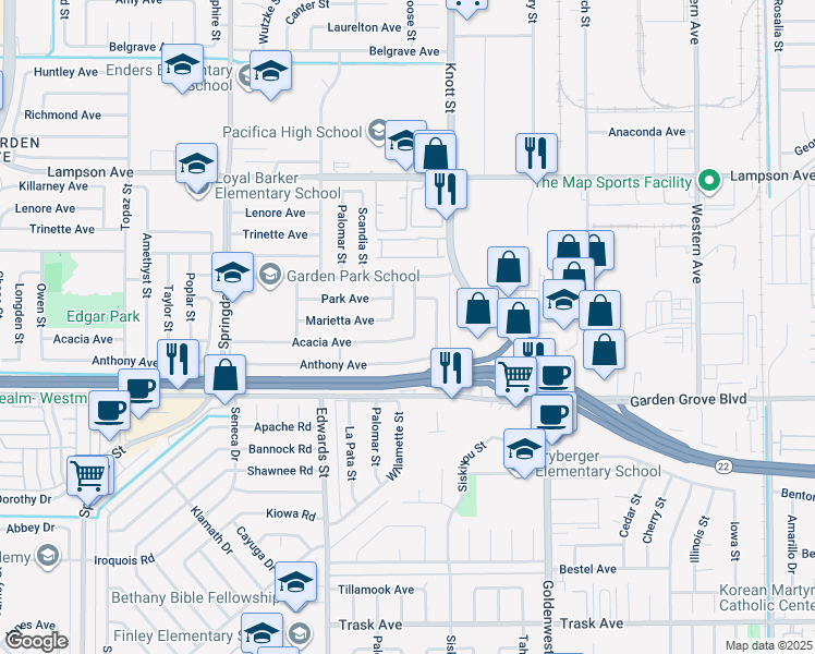 map of restaurants, bars, coffee shops, grocery stores, and more near 12821 Wild Goose Street in Garden Grove