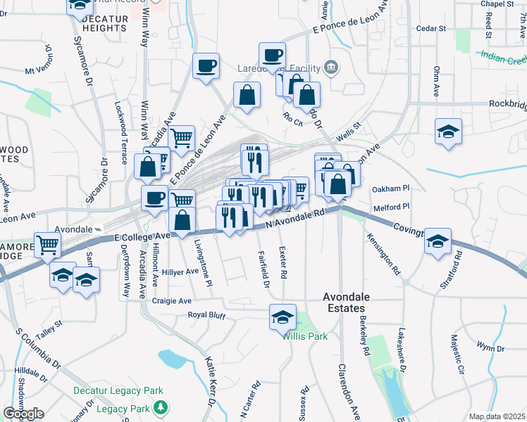 map of restaurants, bars, coffee shops, grocery stores, and more near 32B North Avondale Road in Avondale Estates