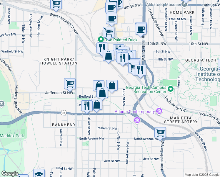 map of restaurants, bars, coffee shops, grocery stores, and more near 802 Chestnut Street Northwest in Atlanta