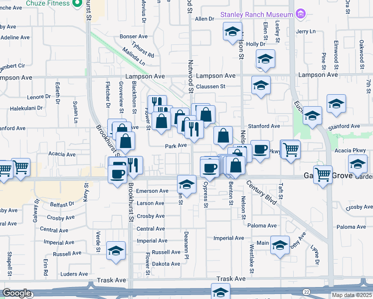 map of restaurants, bars, coffee shops, grocery stores, and more near 12841 Nutwood Street in Garden Grove