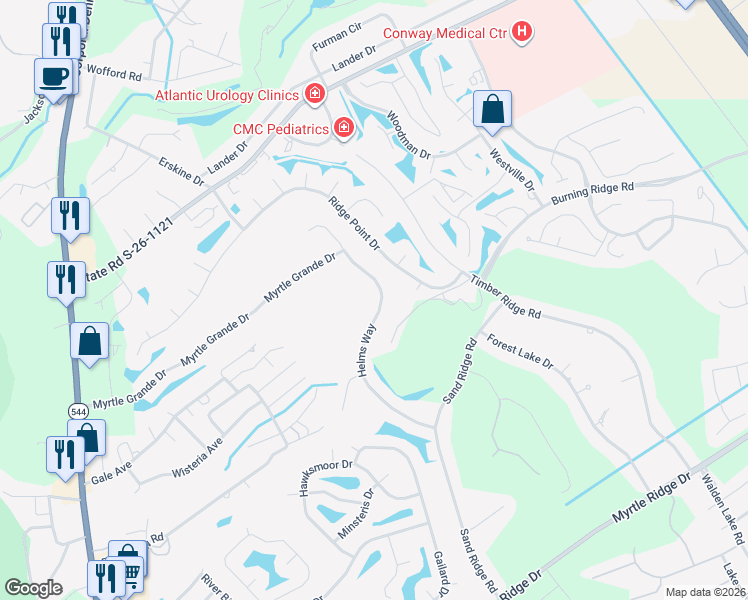 map of restaurants, bars, coffee shops, grocery stores, and more near 815 Helms Way in Conway