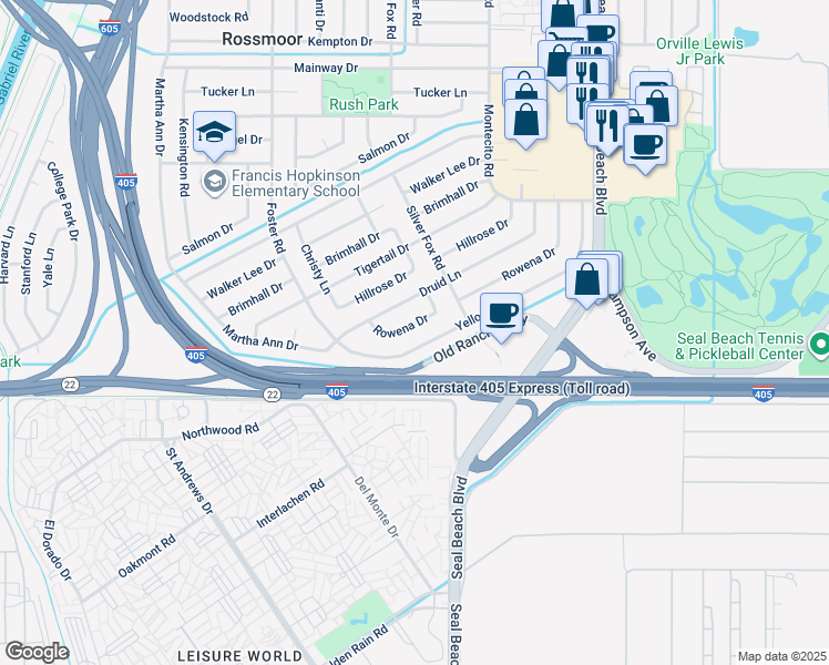 map of restaurants, bars, coffee shops, grocery stores, and more near 3082 Rowena Drive in Los Alamitos