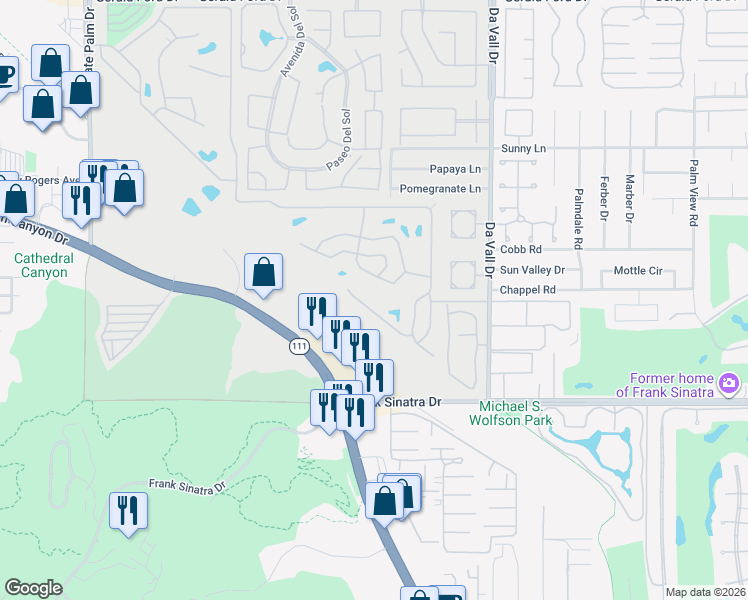 map of restaurants, bars, coffee shops, grocery stores, and more near 327 Vía Don Benito in Cathedral City