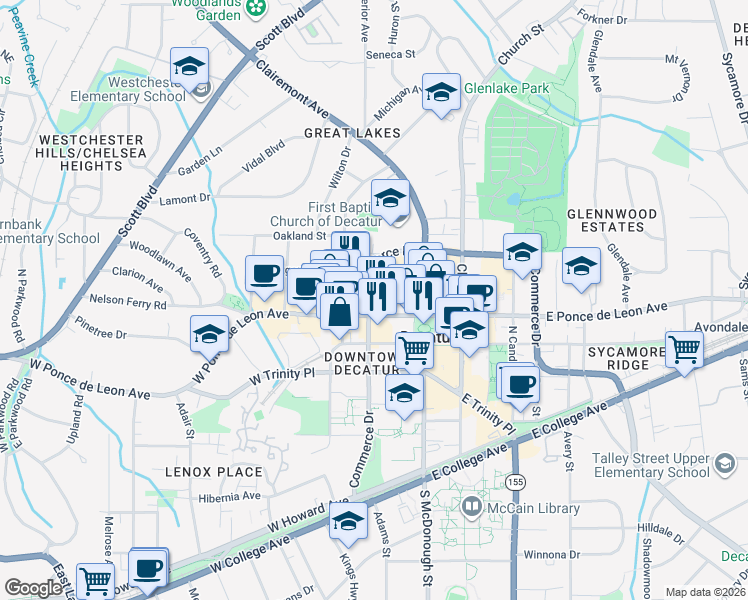 map of restaurants, bars, coffee shops, grocery stores, and more near 190 West Ponce de Leon Avenue in Decatur