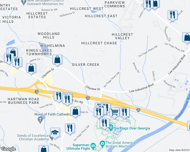 map of restaurants, bars, coffee shops, grocery stores, and more near 7454 Silver Arrow Trail Southeast in Austell