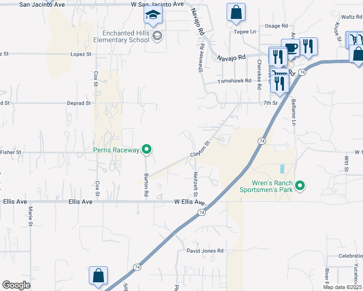 map of restaurants, bars, coffee shops, grocery stores, and more near Clayton Street in Perris