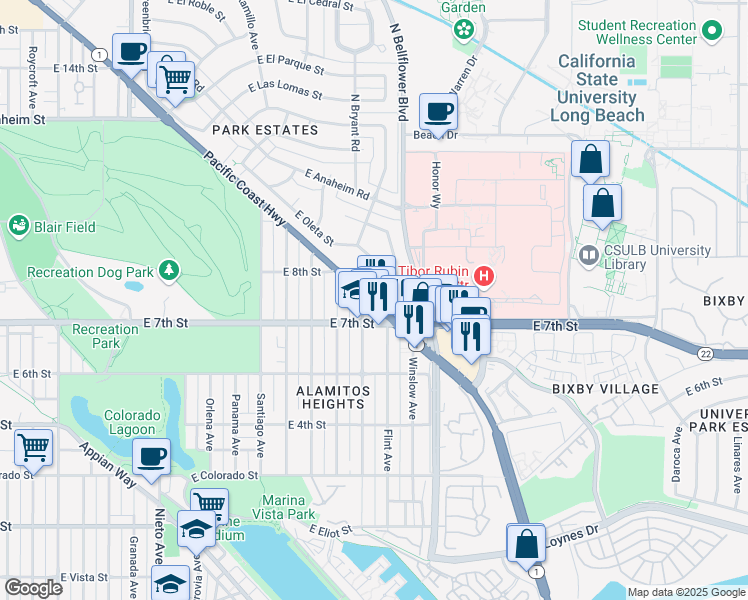 map of restaurants, bars, coffee shops, grocery stores, and more near 5597 East 7th Street in Long Beach