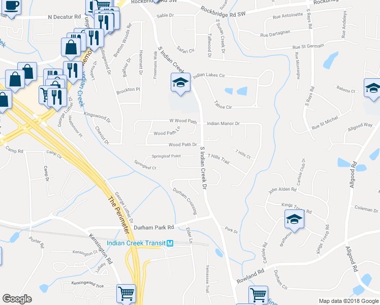 map of restaurants, bars, coffee shops, grocery stores, and more near 3958 Springleaf Point in Stone Mountain