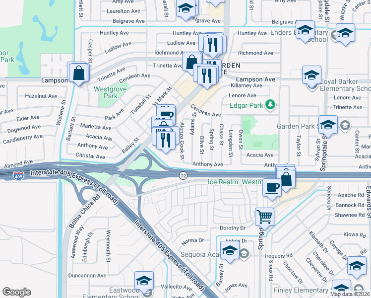 map of restaurants, bars, coffee shops, grocery stores, and more near 12842 Alonzo Cook Street in Garden Grove