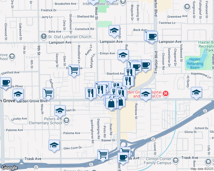 map of restaurants, bars, coffee shops, grocery stores, and more near 12071 Acacia Avenue in Garden Grove