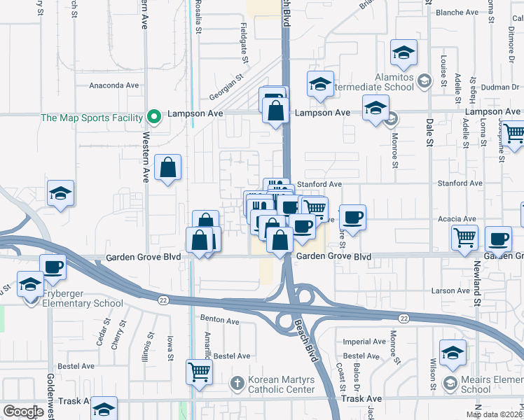 map of restaurants, bars, coffee shops, grocery stores, and more near 386 Sunrise Lane in Stanton