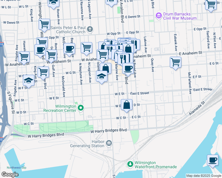map of restaurants, bars, coffee shops, grocery stores, and more near 230 West E Street in Los Angeles