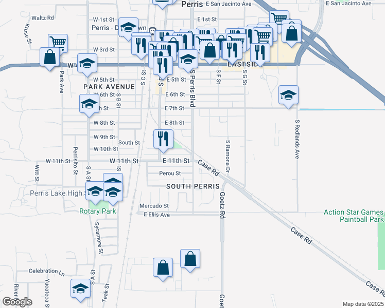 map of restaurants, bars, coffee shops, grocery stores, and more near 1150 South Perris Boulevard in Perris