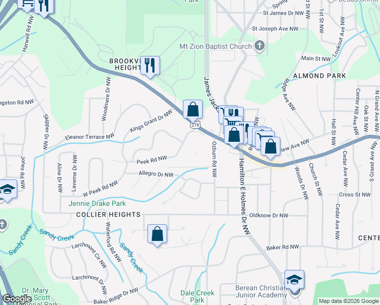 map of restaurants, bars, coffee shops, grocery stores, and more near 2798 Peek Road Northwest in Atlanta