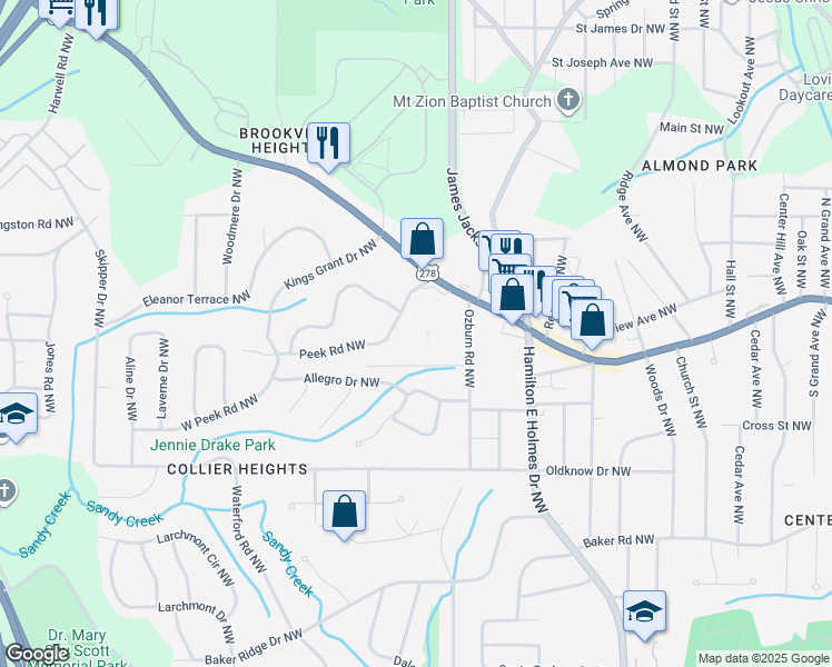 map of restaurants, bars, coffee shops, grocery stores, and more near 2798 Peek Road Northwest in Atlanta