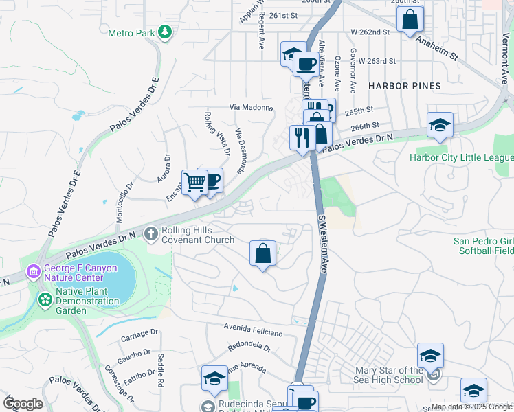 map of restaurants, bars, coffee shops, grocery stores, and more near 1918 Peninsula Verde Drive in Rancho Palos Verdes