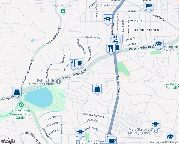 map of restaurants, bars, coffee shops, grocery stores, and more near 1951 Rolling Vista Drive in Lomita