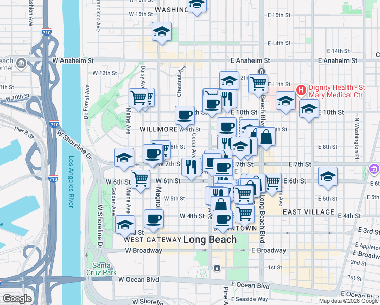 map of restaurants, bars, coffee shops, grocery stores, and more near 309 West 7th Street in Long Beach