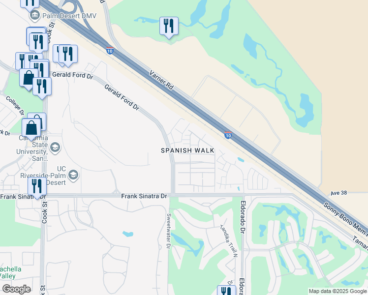map of restaurants, bars, coffee shops, grocery stores, and more near 222 Paseo Gusto in Palm Desert