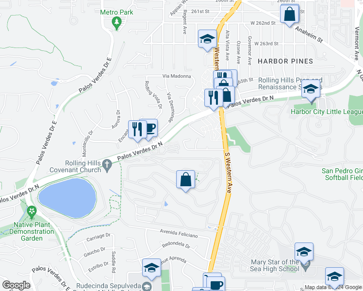 map of restaurants, bars, coffee shops, grocery stores, and more near 1918 Peninsula Verde Drive in Rancho Palos Verdes
