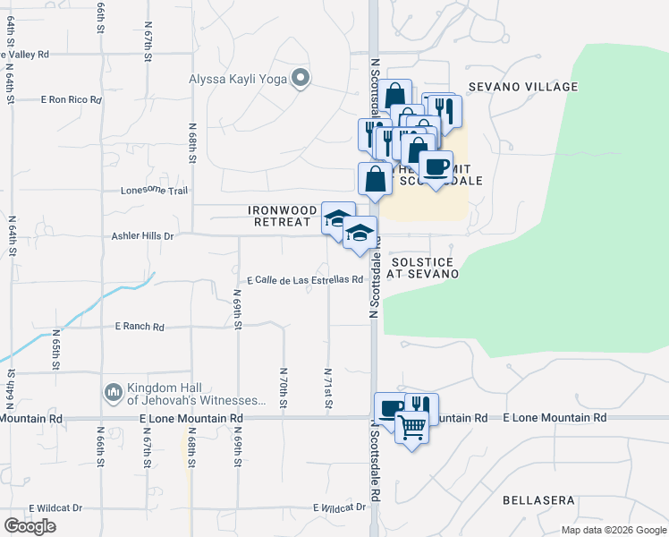 map of restaurants, bars, coffee shops, grocery stores, and more near 32100 North Scottsdale Road in Scottsdale