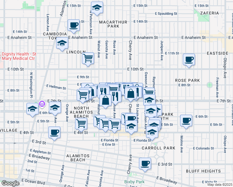 map of restaurants, bars, coffee shops, grocery stores, and more near 744 Rose Avenue in Long Beach