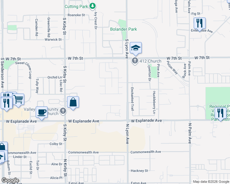 map of restaurants, bars, coffee shops, grocery stores, and more near 1587 Westfork Way in San Jacinto