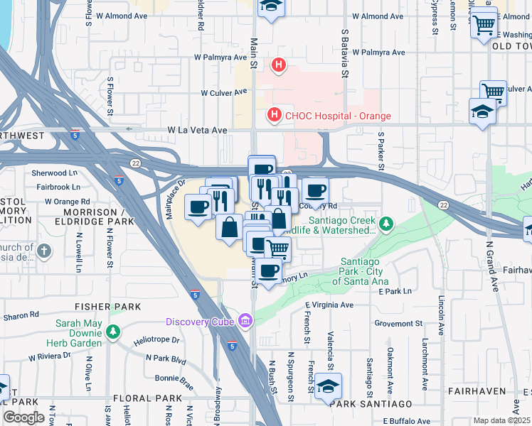 map of restaurants, bars, coffee shops, grocery stores, and more near 745 South Main Street in Orange