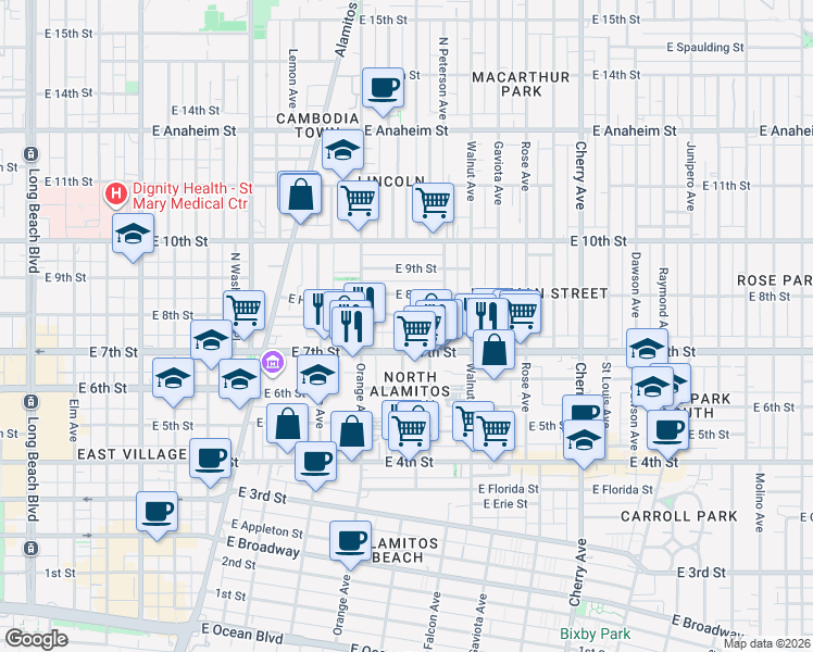 map of restaurants, bars, coffee shops, grocery stores, and more near 1339 East 7th Street in Long Beach
