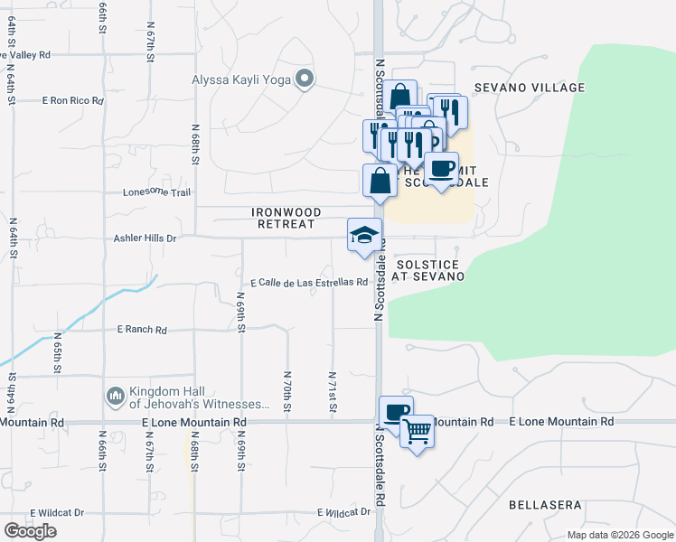 map of restaurants, bars, coffee shops, grocery stores, and more near 31970 North 71st Street in Scottsdale