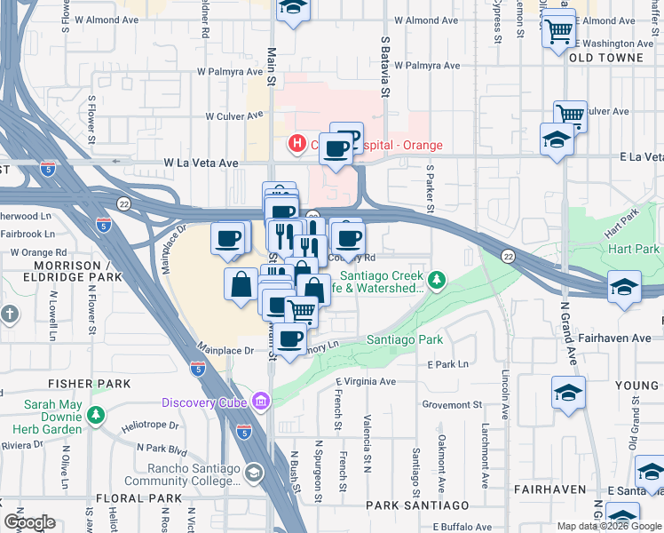map of restaurants, bars, coffee shops, grocery stores, and more near 2700-2998 Lawson Way in Orange