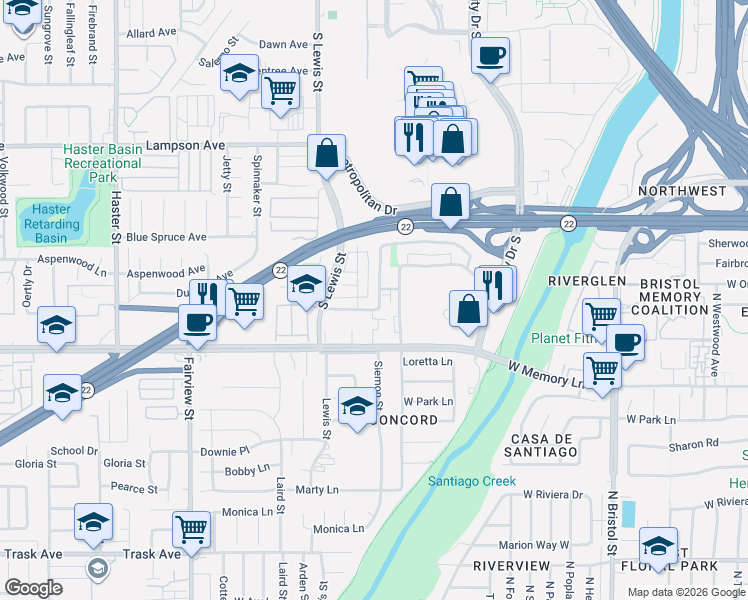 map of restaurants, bars, coffee shops, grocery stores, and more near 3902 West El Rancho Avenue in Orange